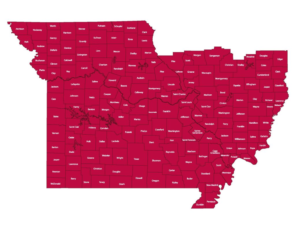 Map of Missouri and Illinois showing counties eligible for WashU Pledge